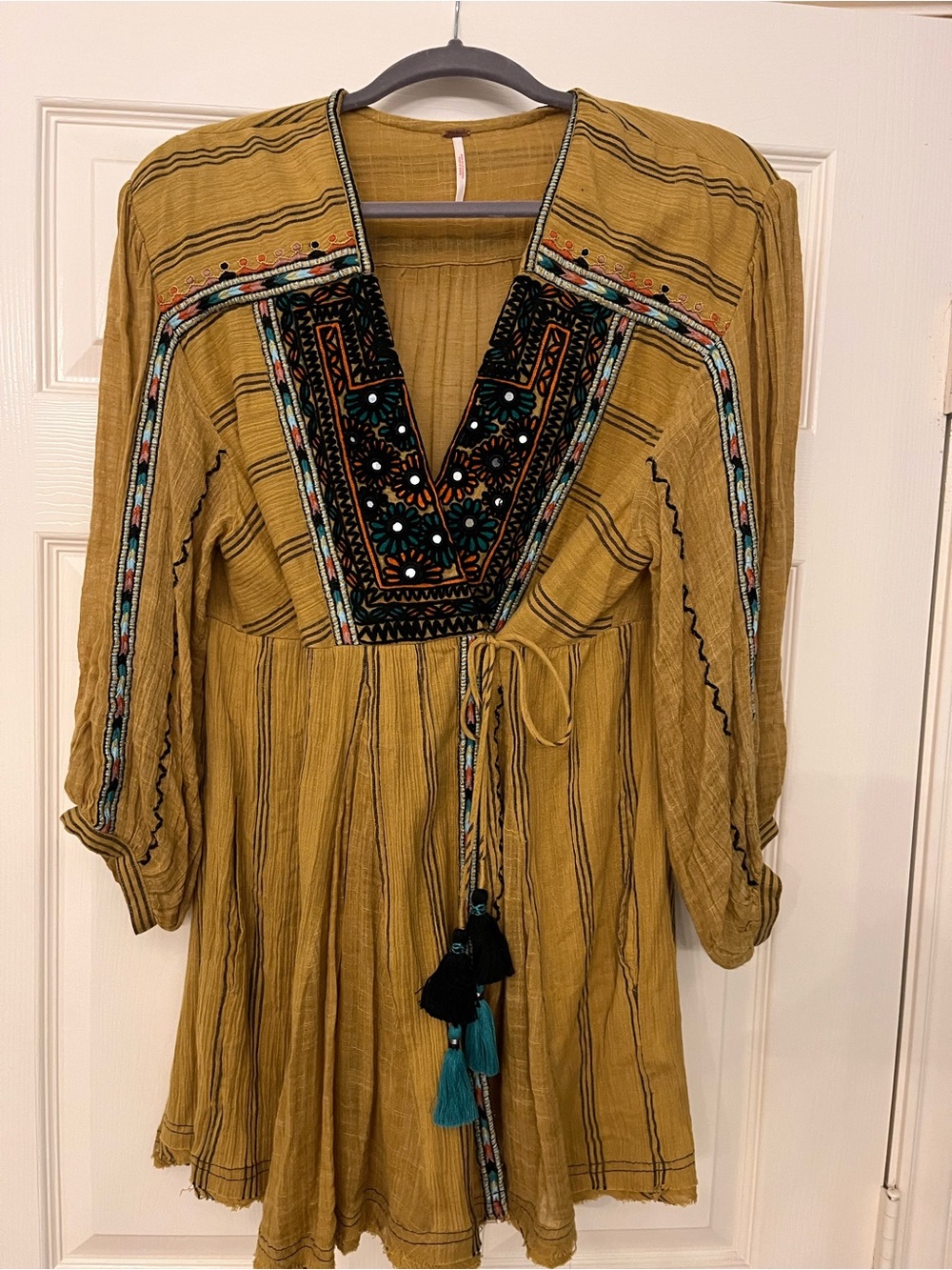 Free People Mustard Embroidered V-Neck Tunic Dress/Top